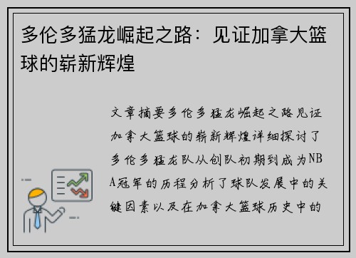 多伦多猛龙崛起之路:见证加拿大篮球的崭新辉煌 多伦多猛龙崛起之路:见证加拿大篮球的崭新辉煌
