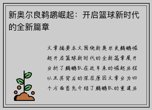 新奥尔良鹈鹕崛起:开启篮球新时代的全新篇章 新奥尔良鹈鹕崛起:开启篮球新时代的全新篇章