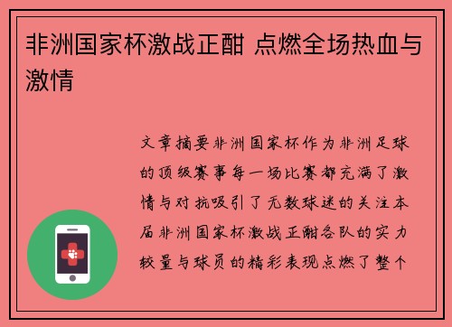 非洲国家杯激战正酣 点燃全场热血与激情