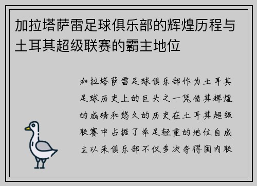 加拉塔萨雷足球俱乐部的辉煌历程与土耳其超级联赛的霸主地位 加拉塔萨雷足球俱乐部的辉煌历程与土耳其超级联赛的霸主地位