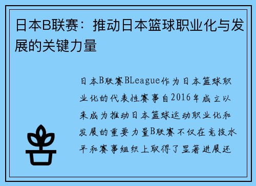 日本B联赛:推动日本篮球职业化与发展的关键力量 日本B联赛:推动日本篮球职业化与发展的关键力量