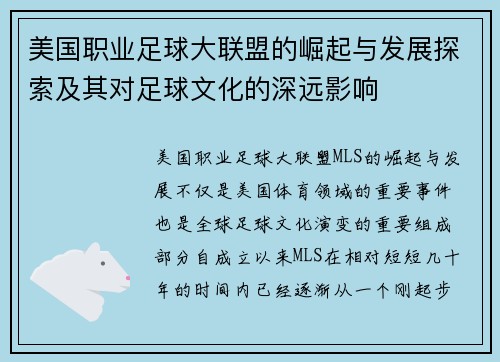 美国职业足球大联盟的崛起与发展探索及其对足球文化的深远影响 美国职业足球大联盟的崛起与发展探索及其对足球文化的深远影响
